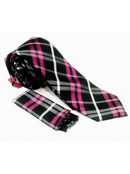  New Men Striped Tie with Matching Pocket Square | Black And Pink