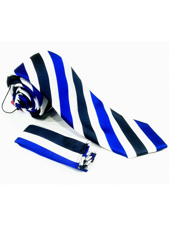  New Men Striped Tie with Matching Pocket Square | White, Black And Blue