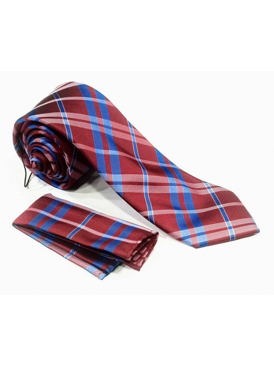  New Men Striped Tie with Matching Pocket Square | Wine and Blue