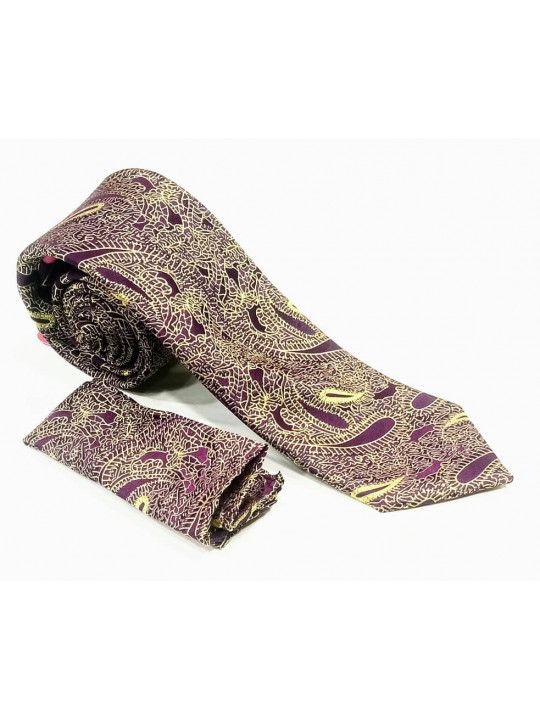  New Men Baroque Patterned Tie with Matching Pocket Square | Wine & Brown
