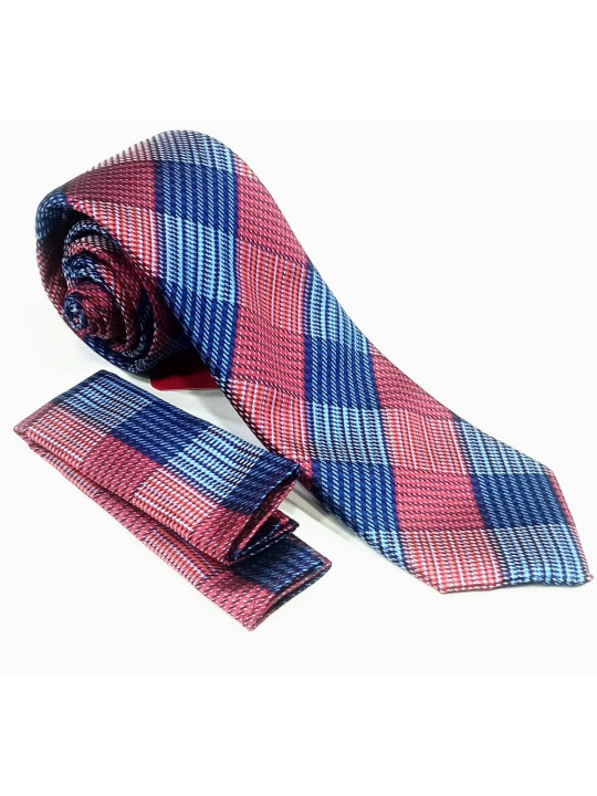  New Men Checked Tie with Matching Pocket Square | Pink And Blue