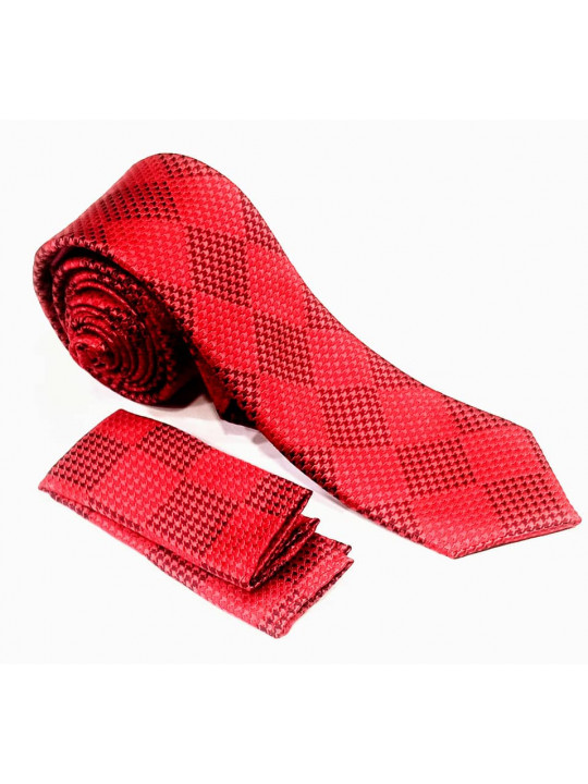  New Men Checked Tie with Matching Pocket Square | Red