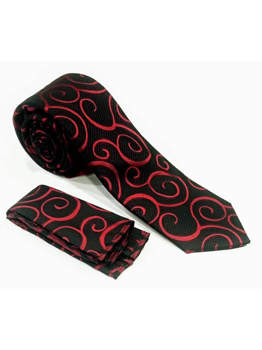  New Men Baroque Patterned Tie with Matching Pocket Square | Black And Wine