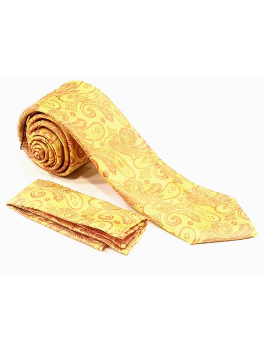  New Men Baroque Patterned Tie with Matching Pocket Square | Yellow