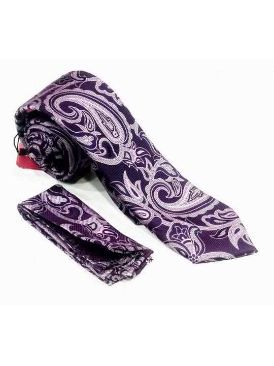  New Men Baroque Patterned Tie with Matching Pocket Square | Purple