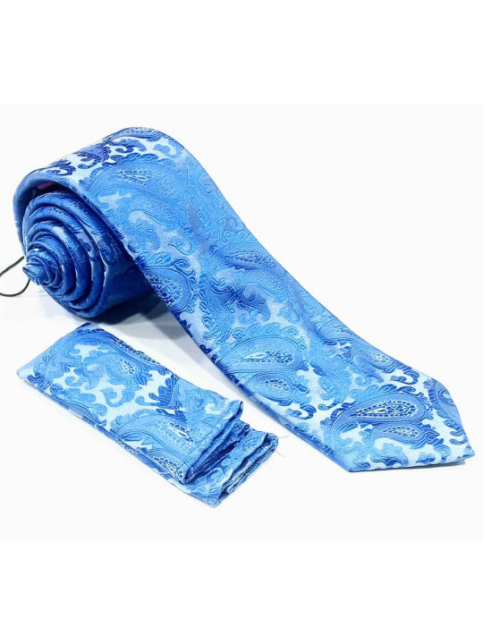  New Men Baroque Patterned Tie with Matching Pocket Square | Light Blue