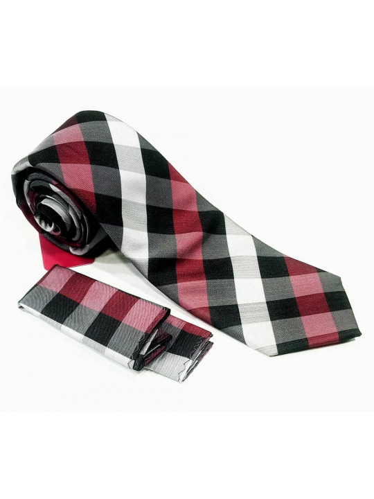  New Men Checked Tie with Matching Pocket Square | Red, Black and White