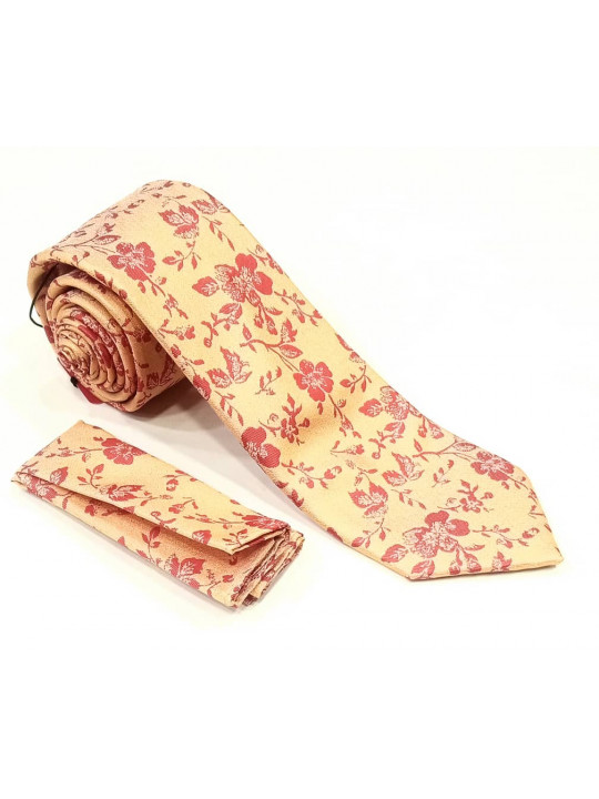  New Men Baroque Patterned Tie with Matching Pocket Square | Peach and Yellow