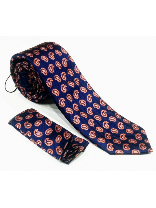 New Men Baroque Patterned Tie with Matching Pocket Square | Blue and Peach