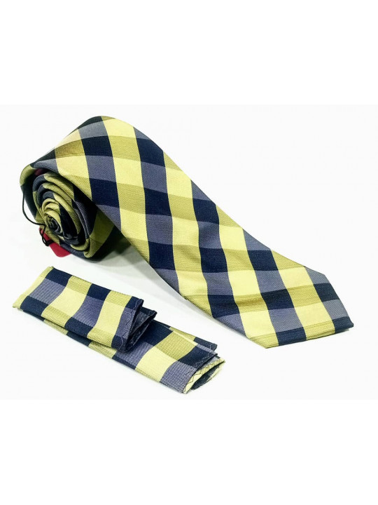  New Men Checked Tie with Matching Pocket Square | Black And Yellow