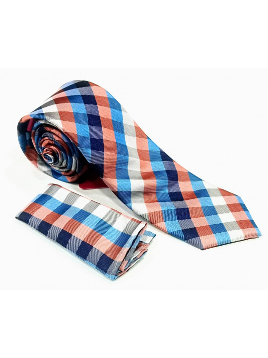  New Men Checked Tie with Matching Pocket Square | Blue & Orange 