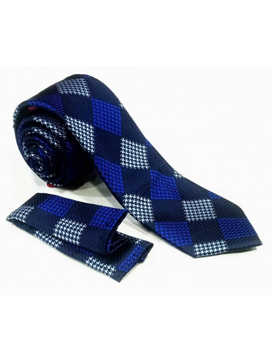  New Men Checked Tie with Matching Pocket Square | Blue and Navy