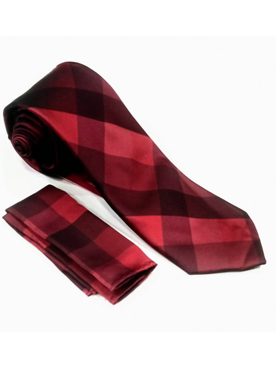  New Men Checked Tie with Matching Pocket Square | Dark Red