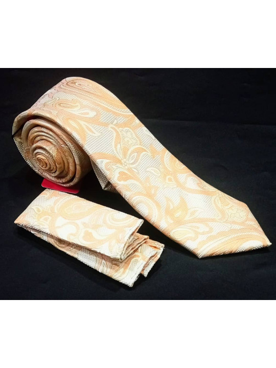  New Men Baroque Patterned Tie with Matching Pocket Square | Cream