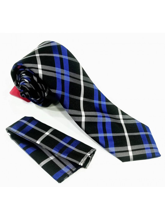  New Men Checked Tie with Matching Pocket Square | Black And Blue