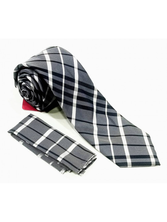  New Men Striped Tie with Matching Pocket Square | Ash