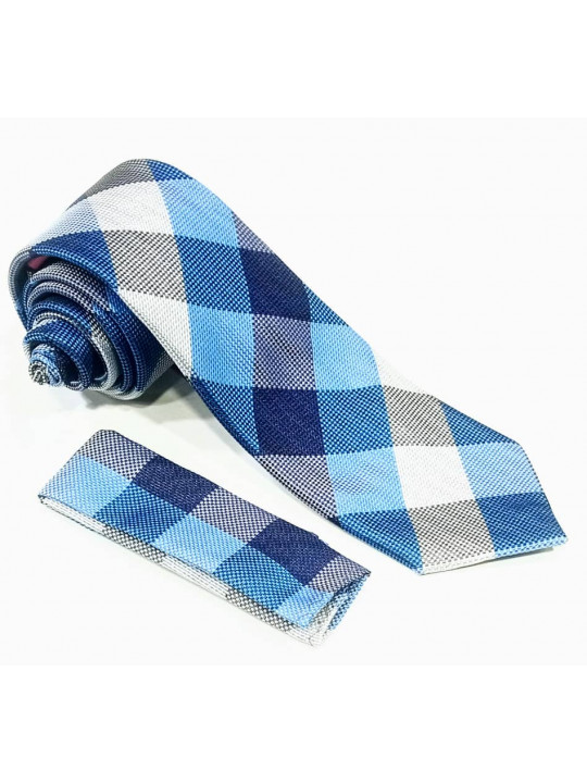  New Men Checked Tie with Matching Pocket Square | Light Blue