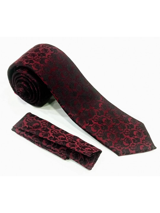  New Men Baroque Patterned Tie with Matching Pocket Square | Burgundy And Red