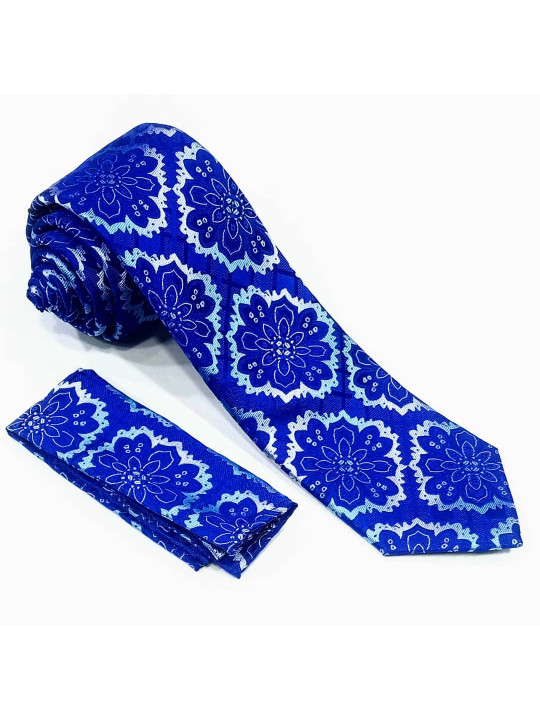  New Men Baroque Patterned Tie with Matching Pocket Square | Blue