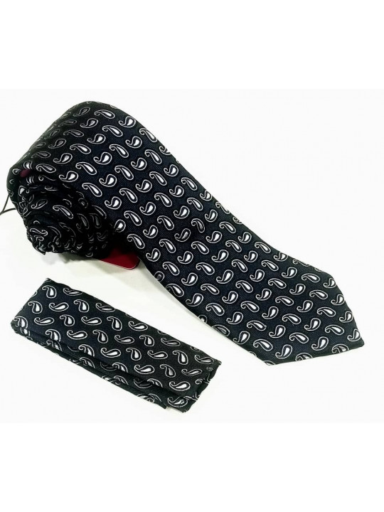  New Men Baroque Patterned Tie with Matching Pocket Square | Black