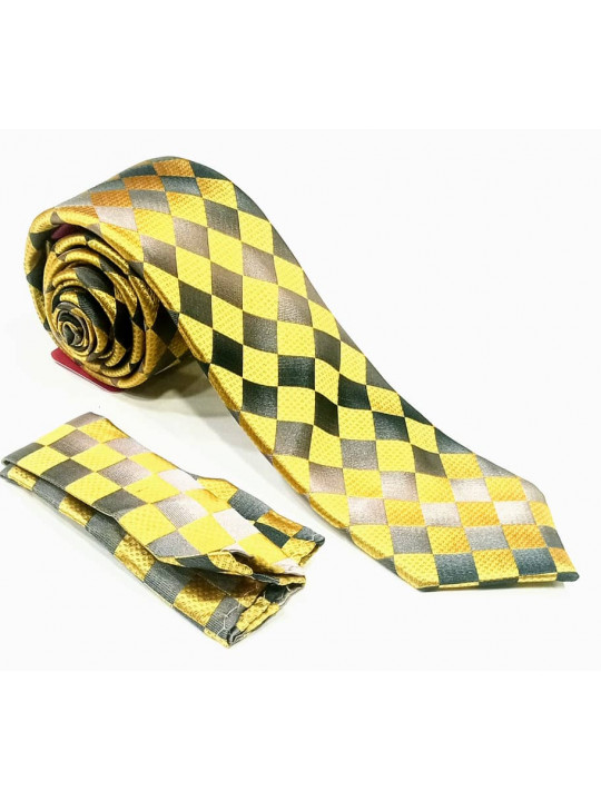  New Men Checked Tie with Matching Pocket Square | Black And Gold