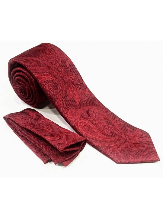  New Men Baroque Patterned Tie with Matching Pocket Square | Burgundy