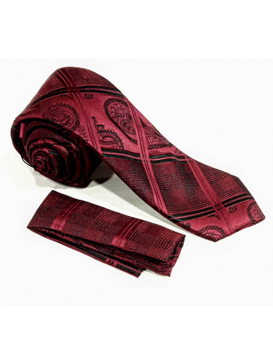  New Men Baroque Patterned Tie with Matching Pocket Square | Wine