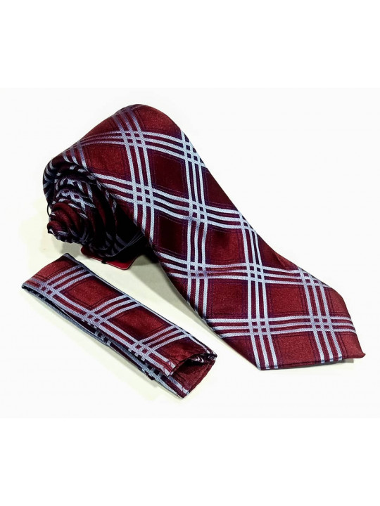  New Men Checked Tie with Matching Pocket Square | Wine