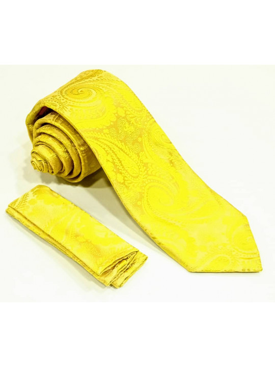  New Men Baroque Patterned Tie with Matching Pocket Square | Golden Yellow