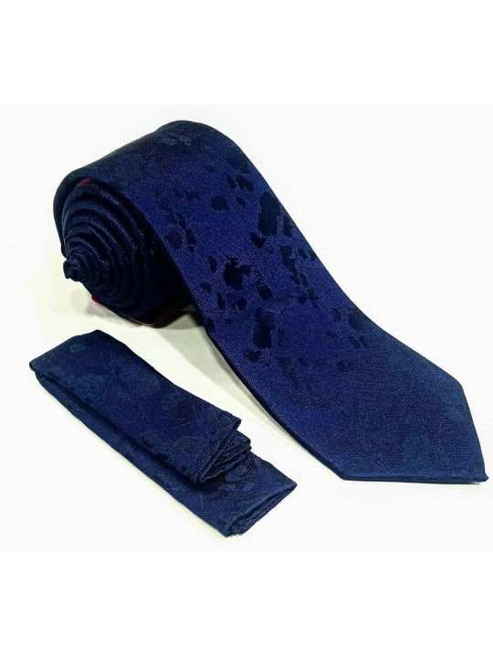  New Men Baroque Patterned Tie with Matching Pocket Square | Dark Blue
