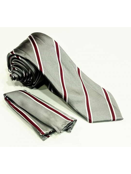  New Men Striped Tie with Matching Pocket Square | Ash Grey