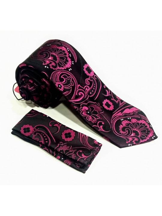  New Men Baroque Patterned Tie with Matching Pocket Square | Magenta