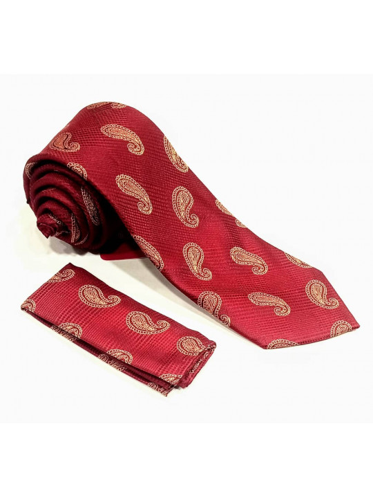  New Men Baroque Patterned Tie with Matching Pocket Square | Red
