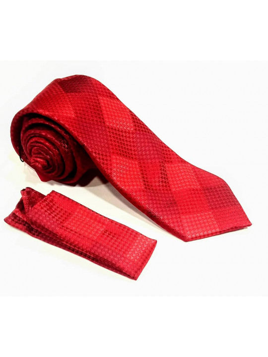  New Men Checked Tie with Matching Pocket Square | Red 