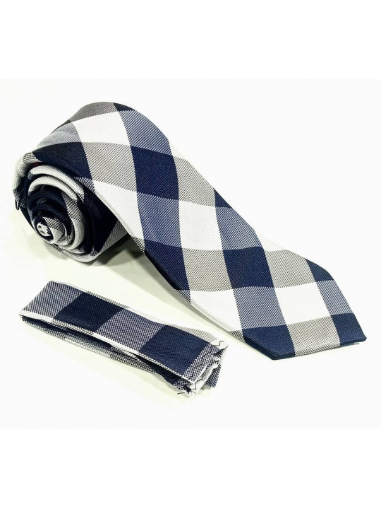  New Men Checked Tie with Matching Pocket Square | Grey And Blue