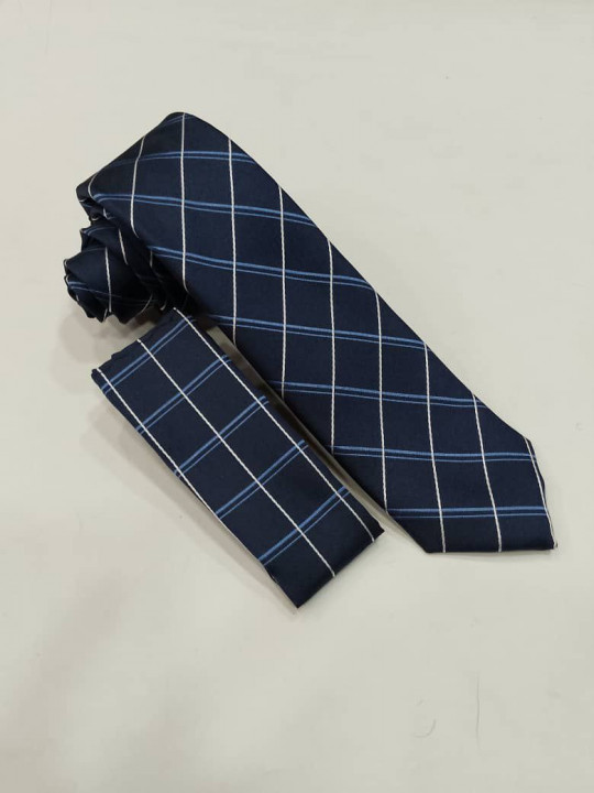 New Men Checked Tie with Matching Pocket Square | Dark Blue | White