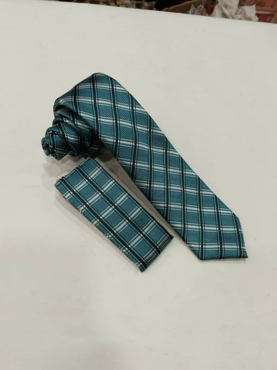 New Men Checked Tie with Matching Pocket Square | Mint Green | Black