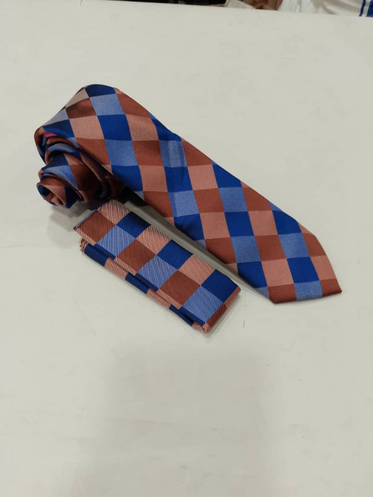 New Men Checked Tie with Matching Pocket Square | Multicolor