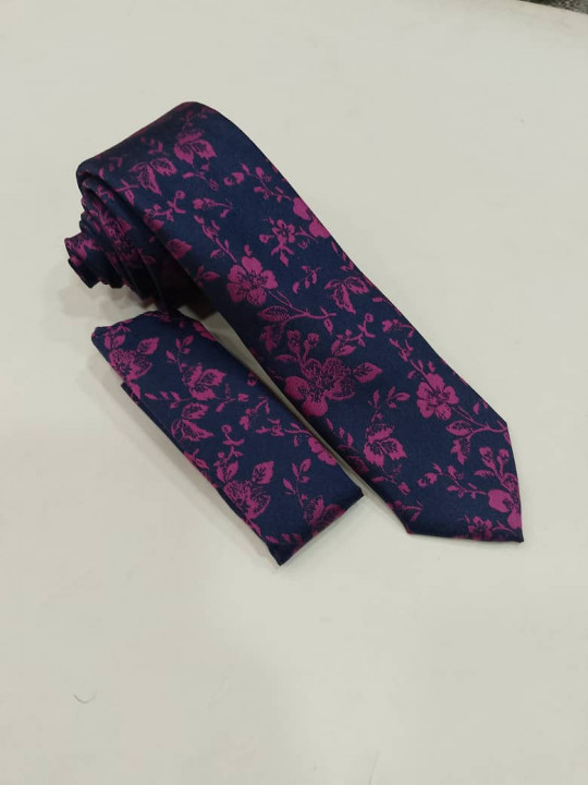 New Men Floral Patterned Tie with Matching Pocket Square | Blue | Purple