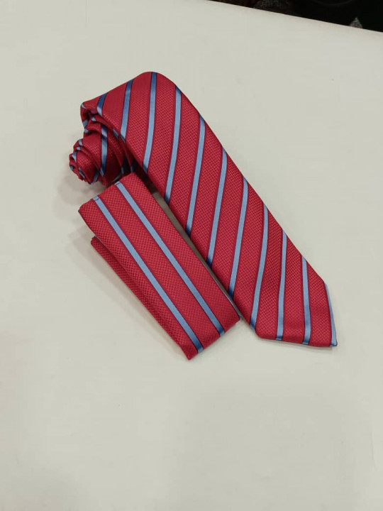 New Men Striped Tie with Matching Pocket Square | Red