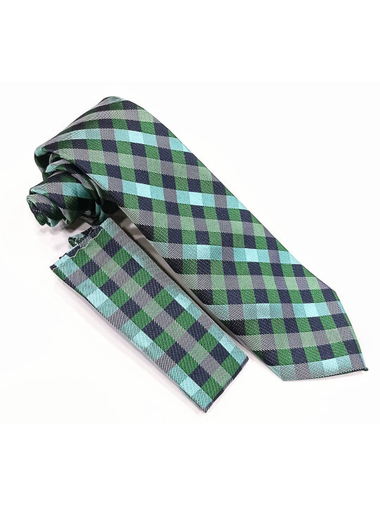 New Men Checked Tie with Matching Pocket Square | Blue | Grey | Green