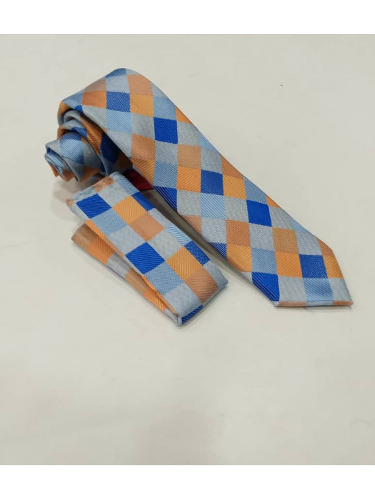 New Men Checked Tie with Matching Pocket Square | Blue | Orange
