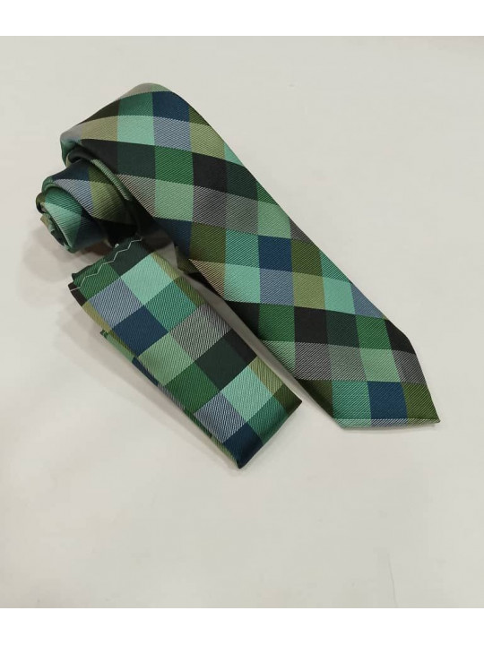 New Men Checked Tie with Matching Pocket Square | Green | Black