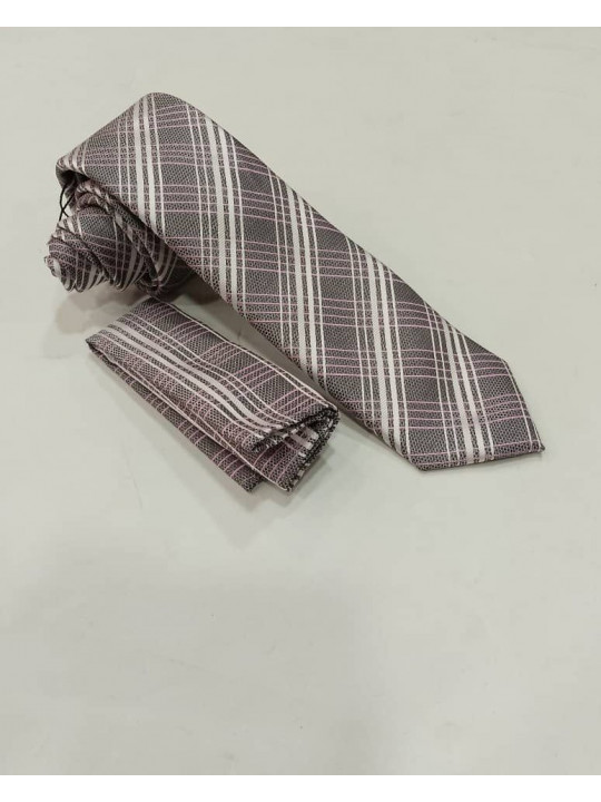 New Men Checked Tie with Matching Pocket Square | Grey | Pink