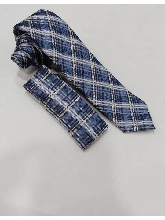 New Men Checked Tie with Matching Pocket Square | Light Blue | White