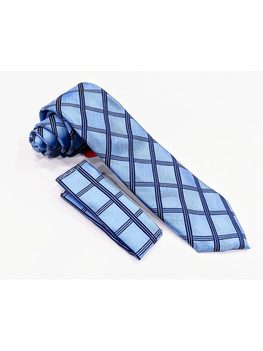 New Men Checked Tie with Matching Pocket Square | Light Blue 