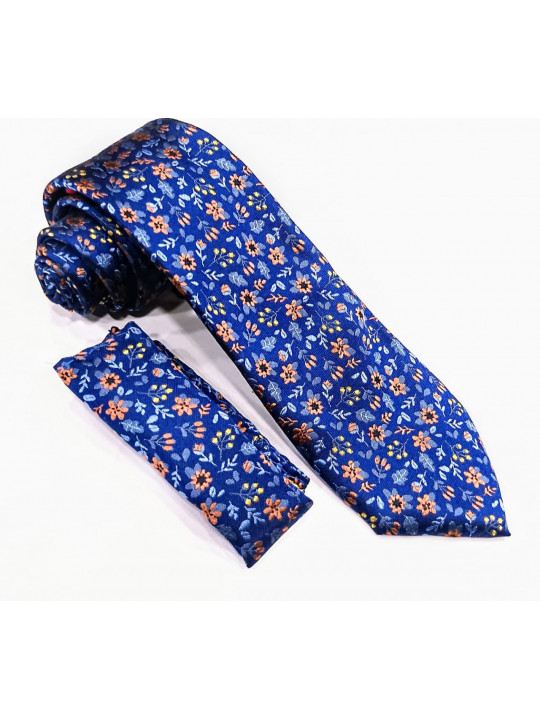 New Men Floral Design Tie with Matching Pocket Square | Blue