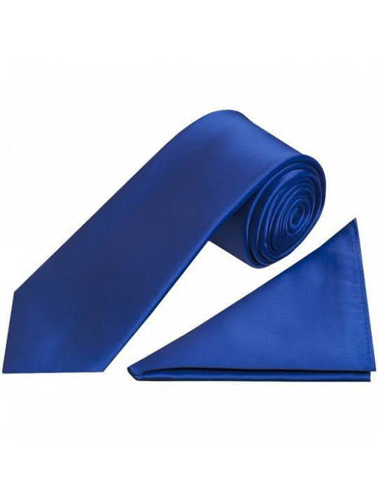 New Men Plain Tie with Matching Pocket Triangle | Blue