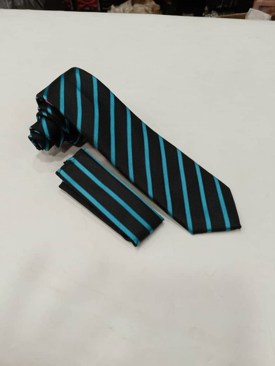New Men Striped Tie with Matching Pocket Square | Black | Blue