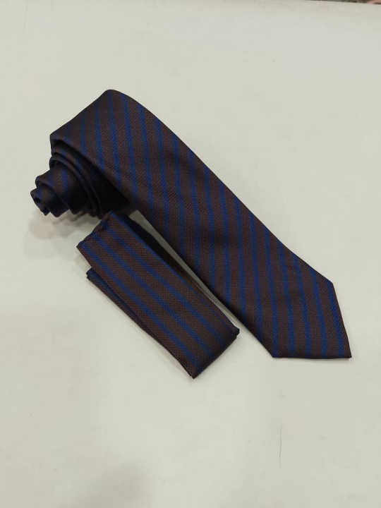 New Men Striped Tie with Matching Pocket Square | Brown | Blue